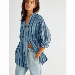 Free People Summer Daydream Blue Striped Button Down Oversized Sz S